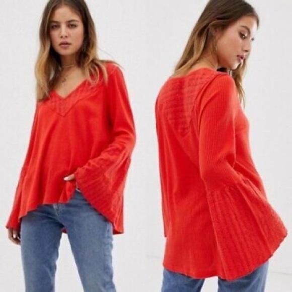 Free People Parisian Nights Bell Sleeve Blouse Top Vermillion Red Size XS - Picture 1 of 6